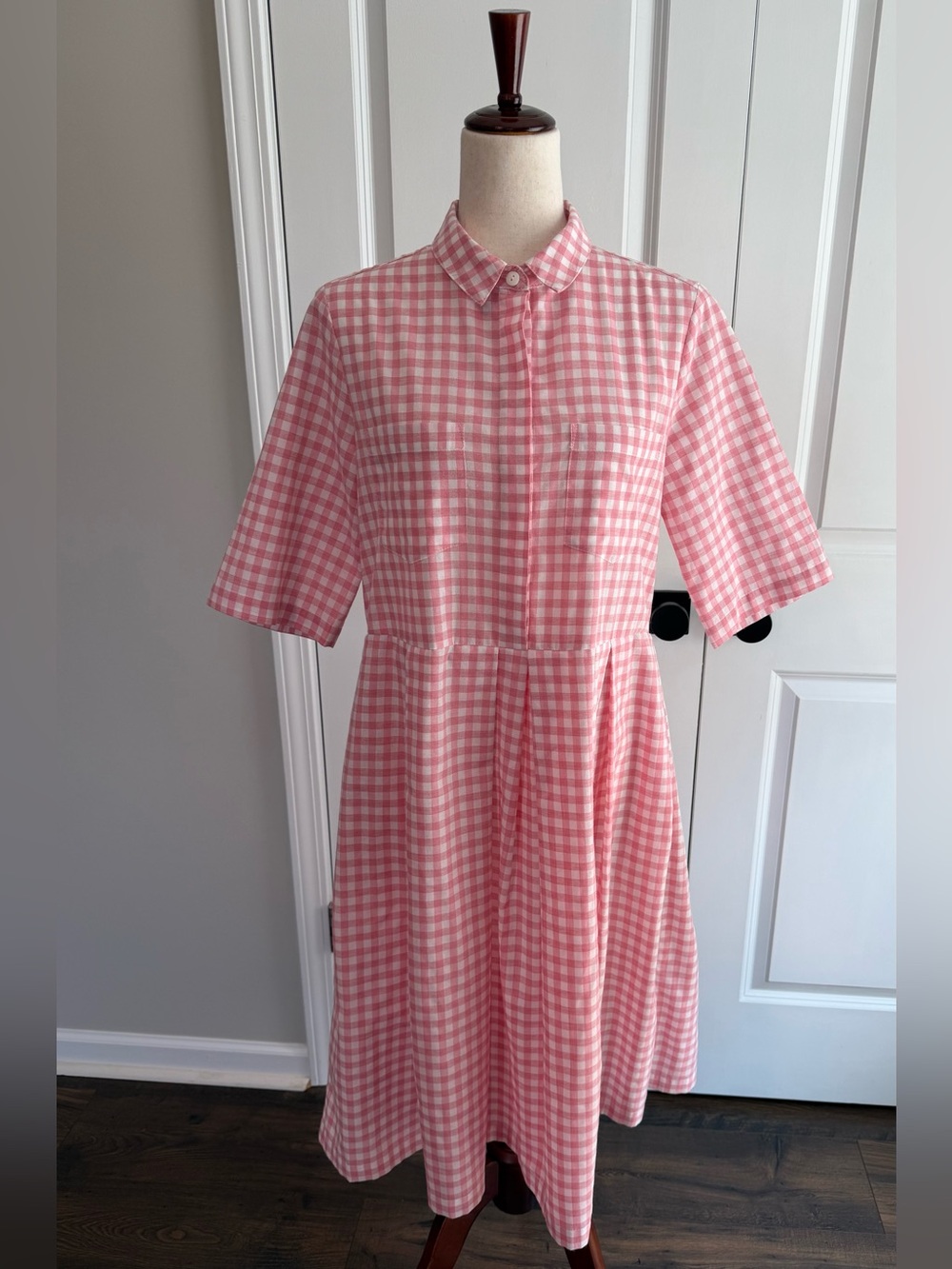 OFFON Clothing Women’s Button Front Shirtdress Pink Checks Cotton Size Large